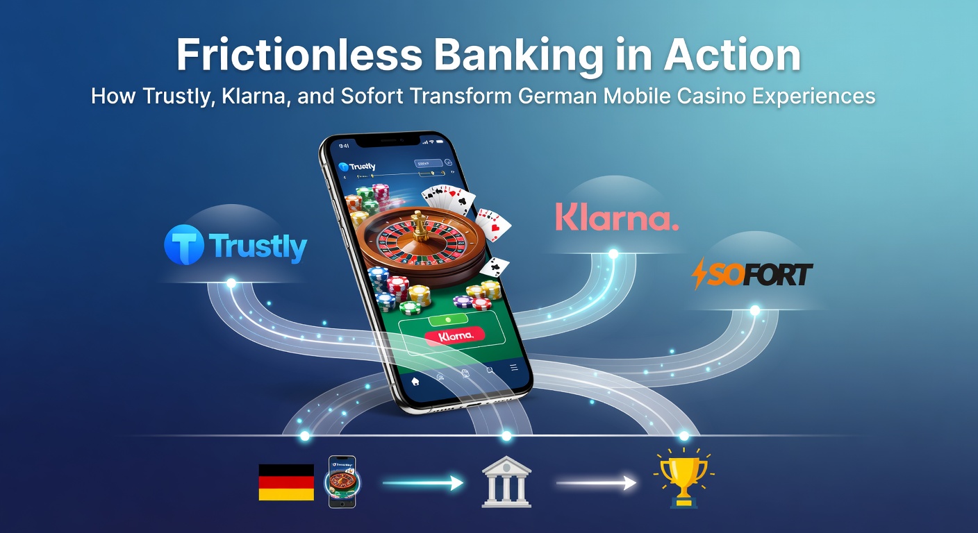 Smartphone mit Mobile-Casino-App und Banking-Optionen wie Trustly, Klarna und Sofort auf dem Bildschirm, die schnelle Transaktionen symbolisieren