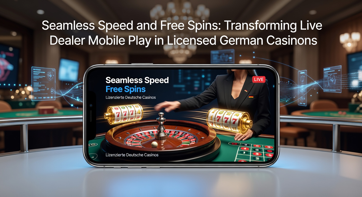 Smartphone mit Live-Dealer-Spiel auf einem lizenzierten deutschen Casino-App, umgeben von Geschwindigkeitsikonen und Freispiel-Symbolen